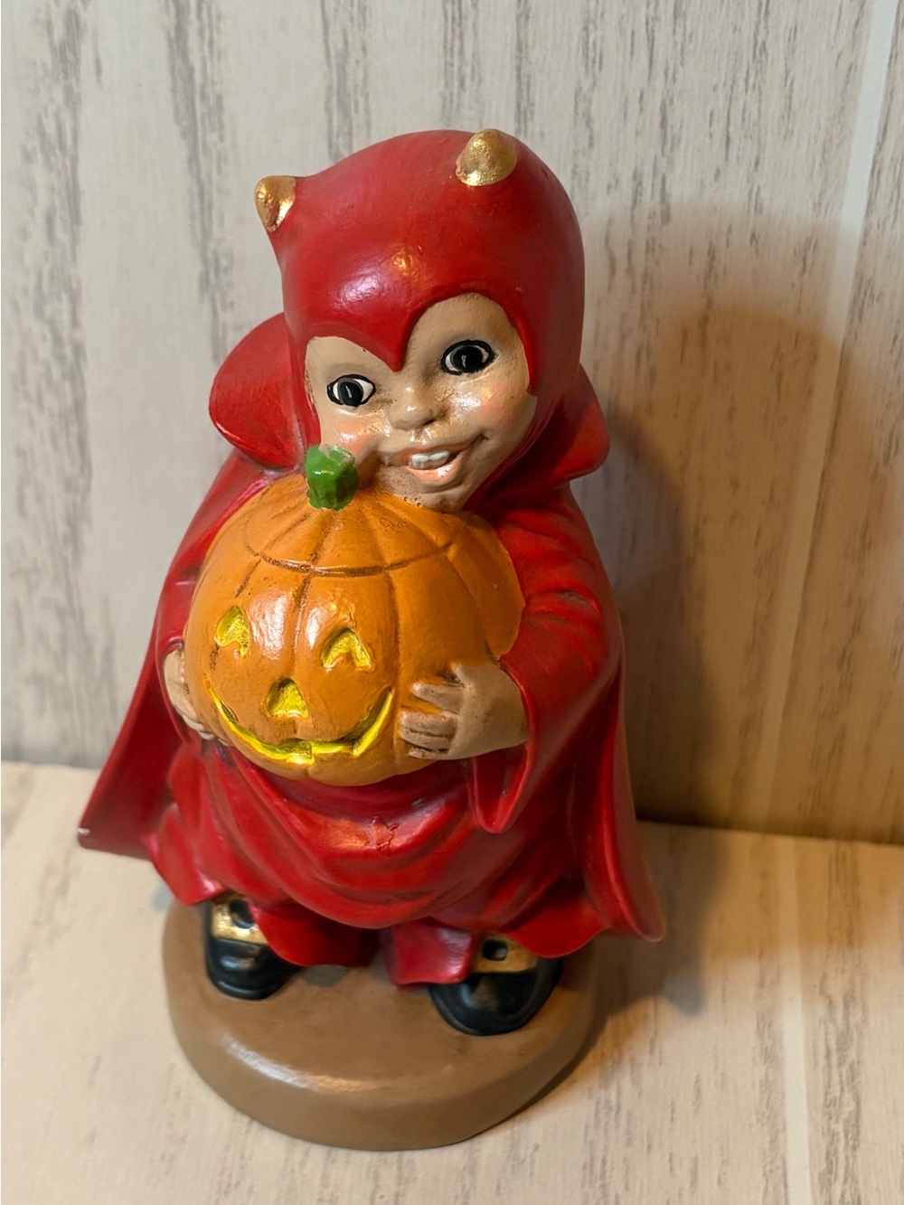 Vintage Ceramic Red Devil ChildHalloween Figurine Holding Pumpkin 7”